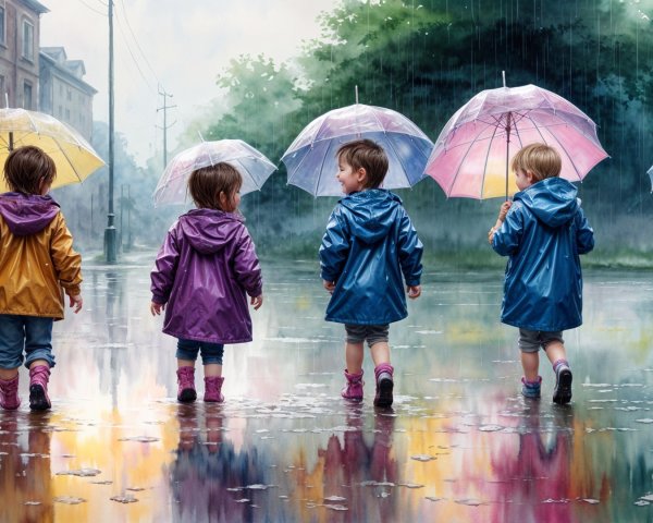 Children with colorful umbrellas walking in the rain
