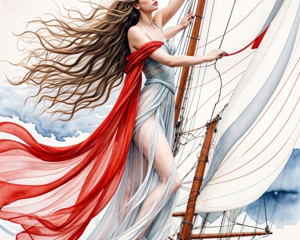 Graceful Figure on Sailing Ship with Flowing Gown