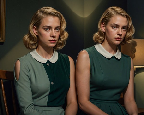 Identical Young Women in Elegant Green Dresses