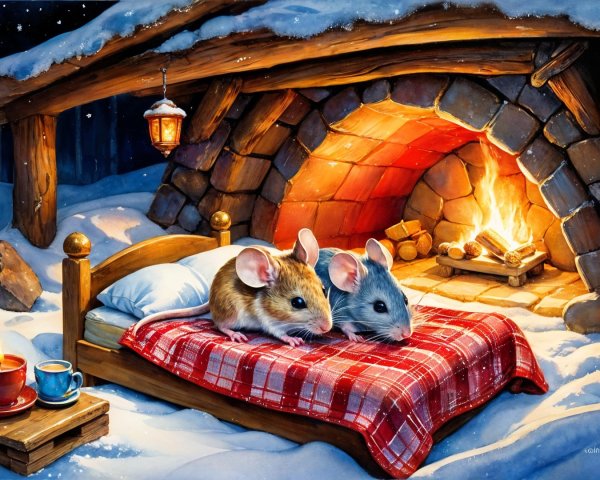 Cozy Winter Scene with Cartoon Mice by Fireplace