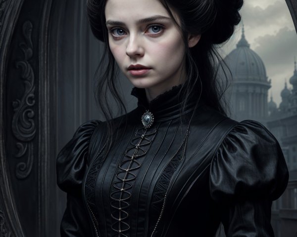 Dramatic Portrait of Woman in Victorian Black Gown