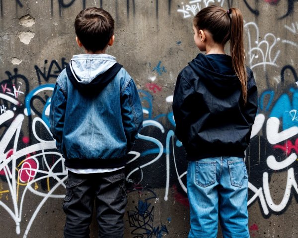 Children in front of a colorful graffitied wall
