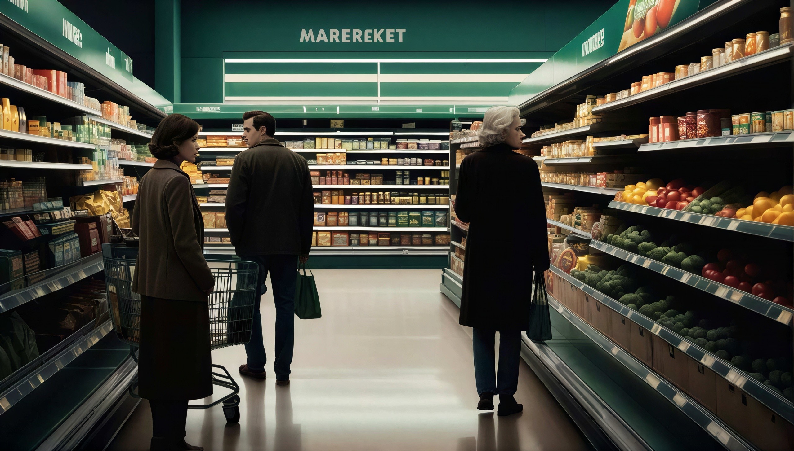 Wide-angle view of adults in a grocery store setting