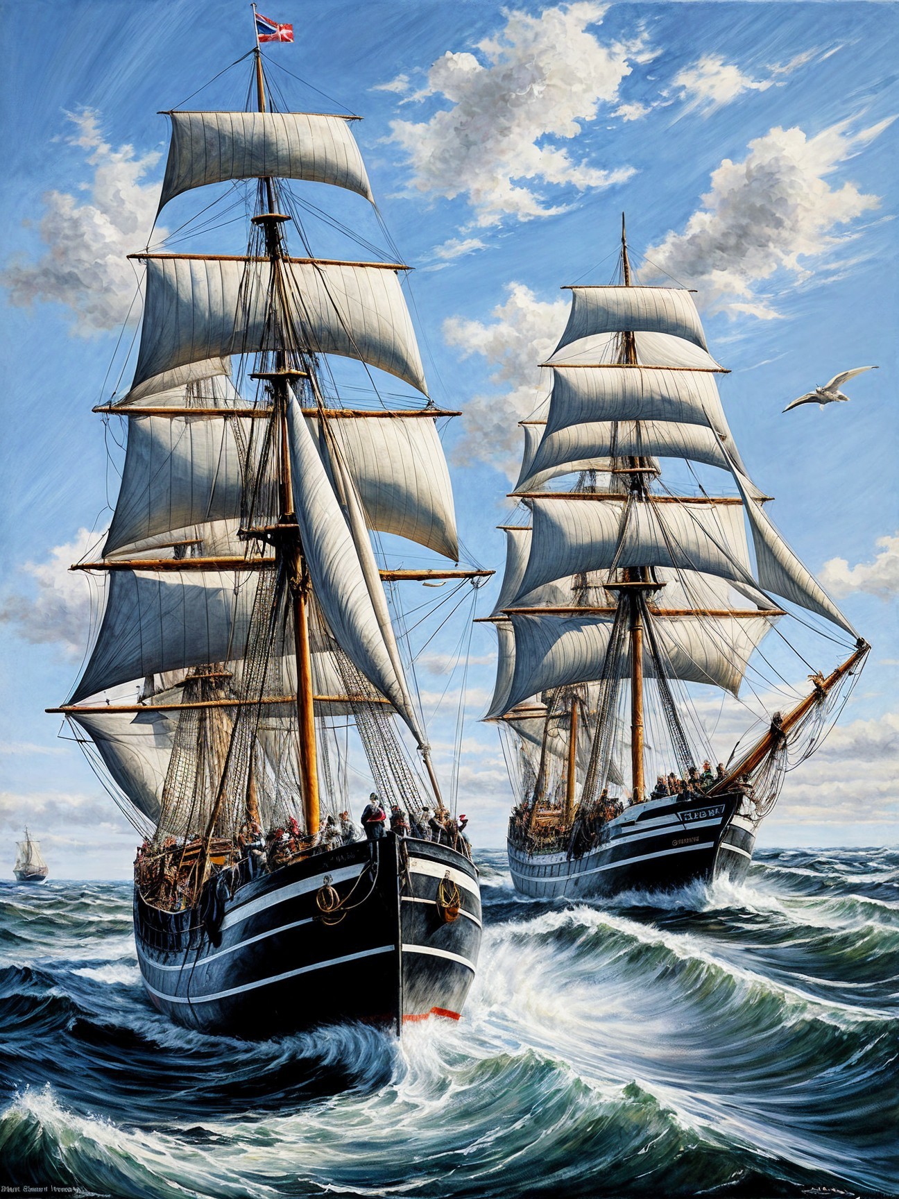 Tall Ships Navigating Choppy Ocean Waters Under Sky