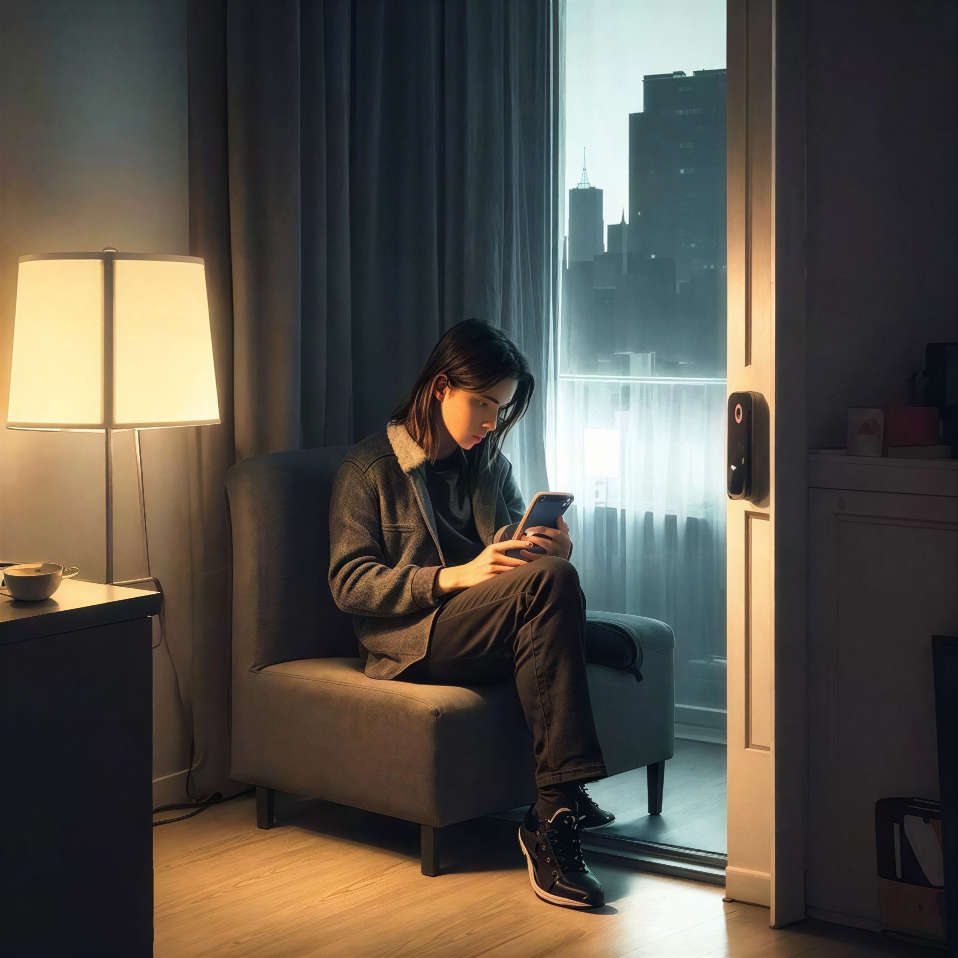 Person Seated in Grey Armchair with Smartphone in Room