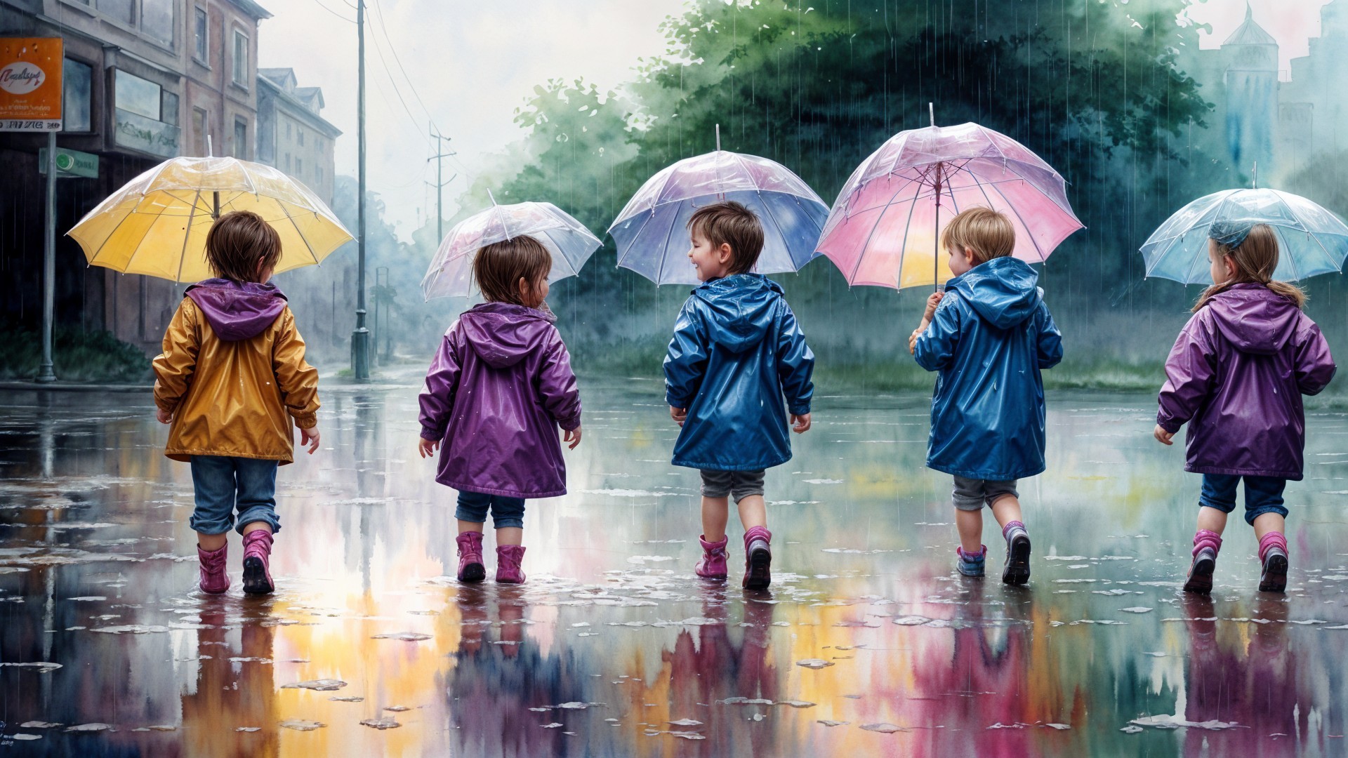 Children with colorful umbrellas walking in the rain
