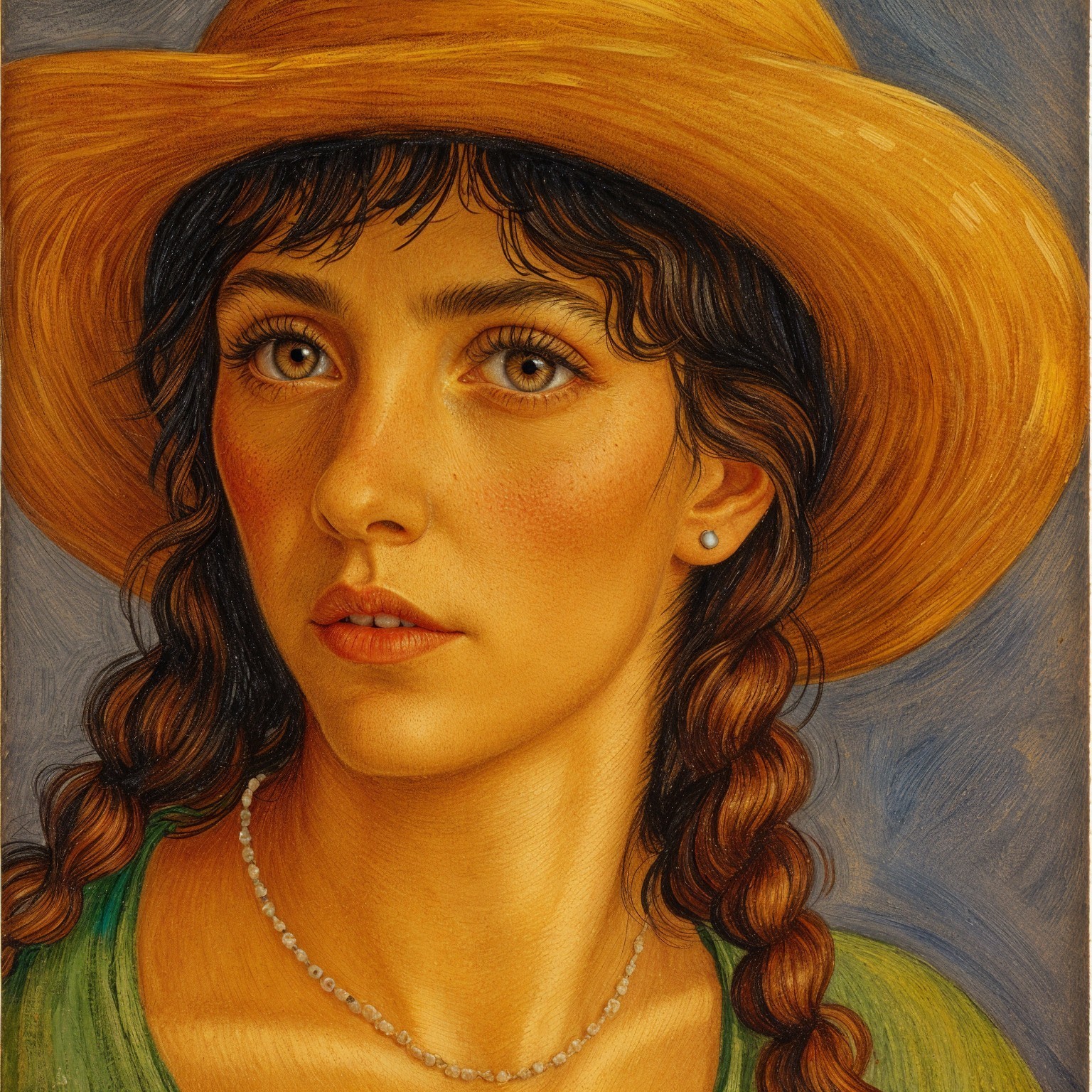 Young woman in straw hat with expressive eyes