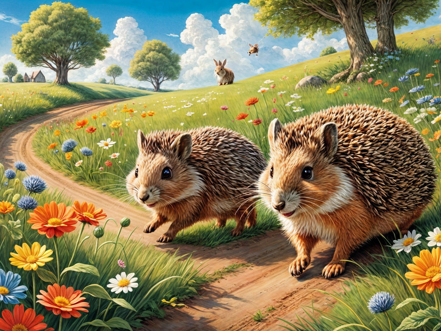 Hedgehogs in a Colorful Meadow on a Spring Day