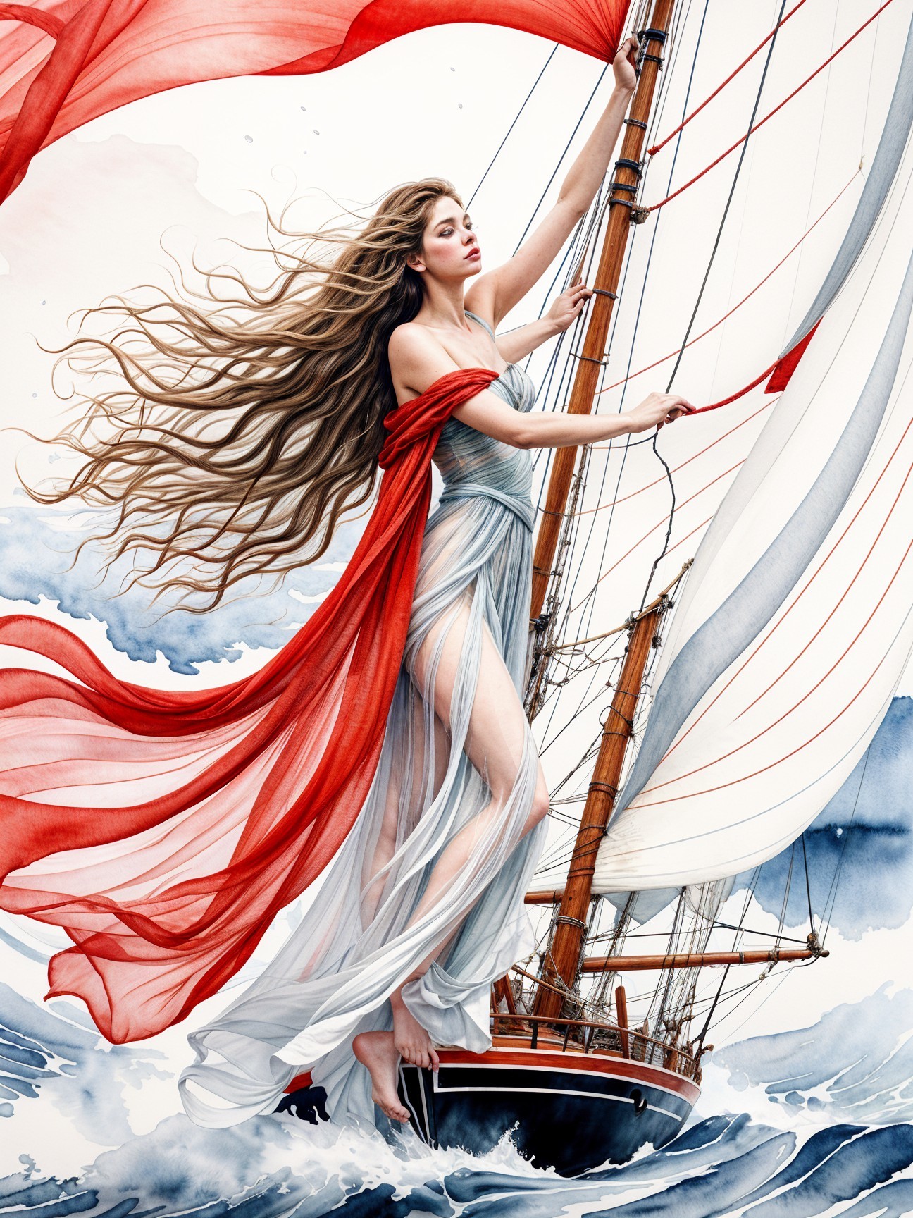 Graceful Figure on Sailing Ship with Flowing Gown