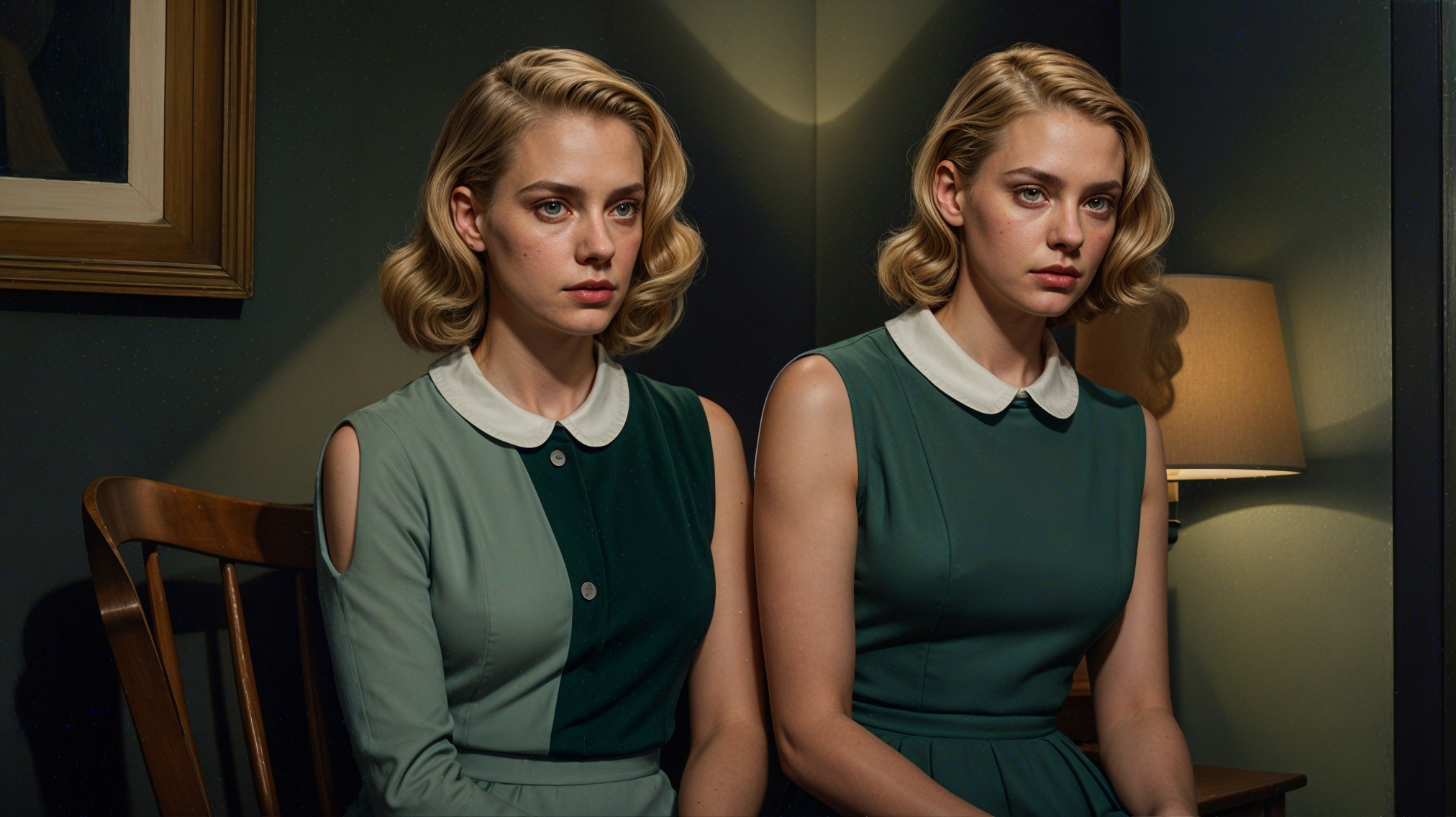 Identical Young Women in Elegant Green Dresses