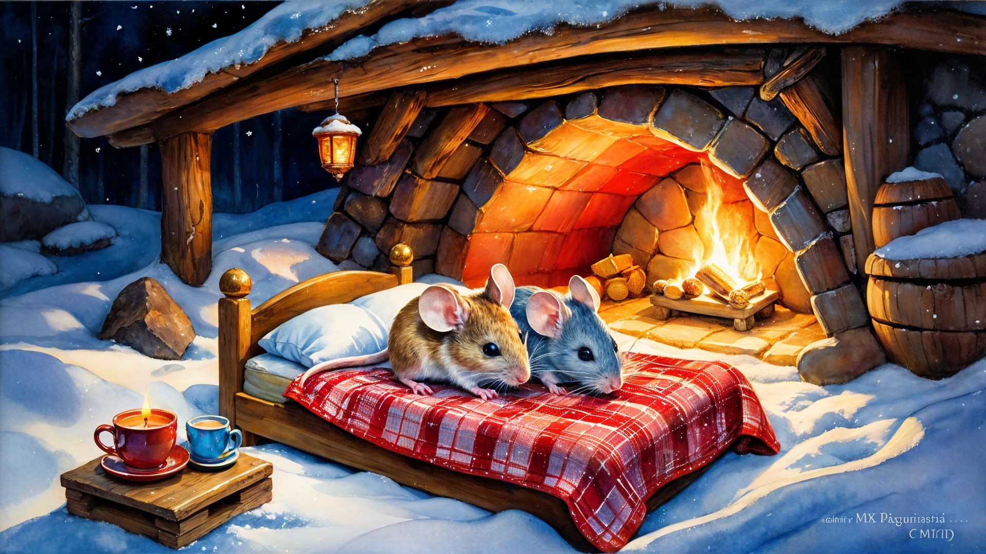 Cozy Winter Scene with Cartoon Mice by Fireplace