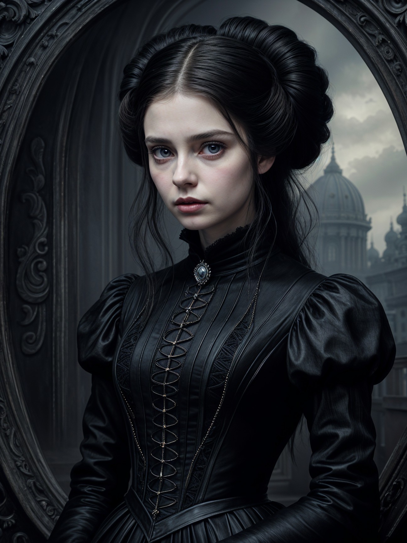 Dramatic Portrait of Woman in Victorian Black Gown
