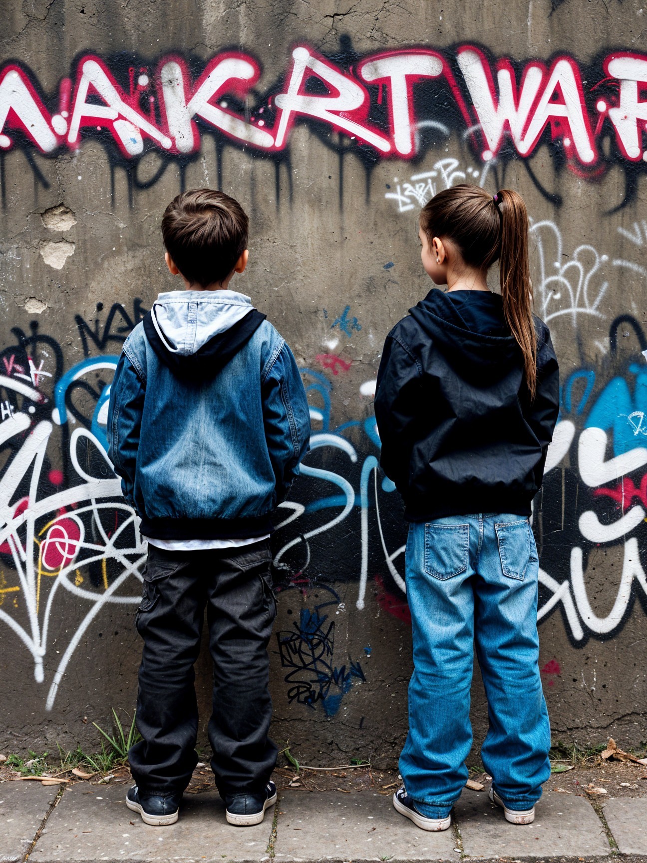 Children in front of a colorful graffitied wall