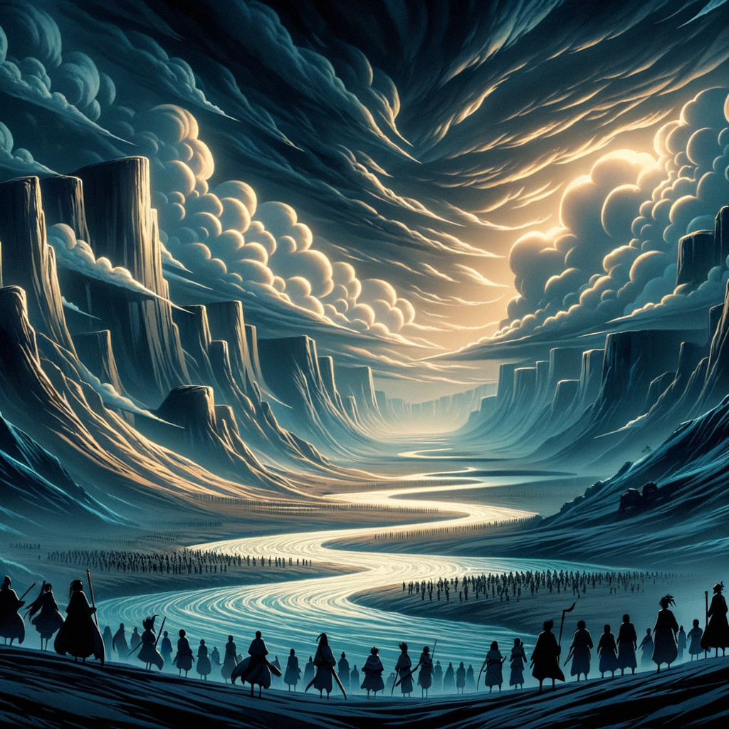 Silhouetted Figures in a Dramatic Valley Landscape