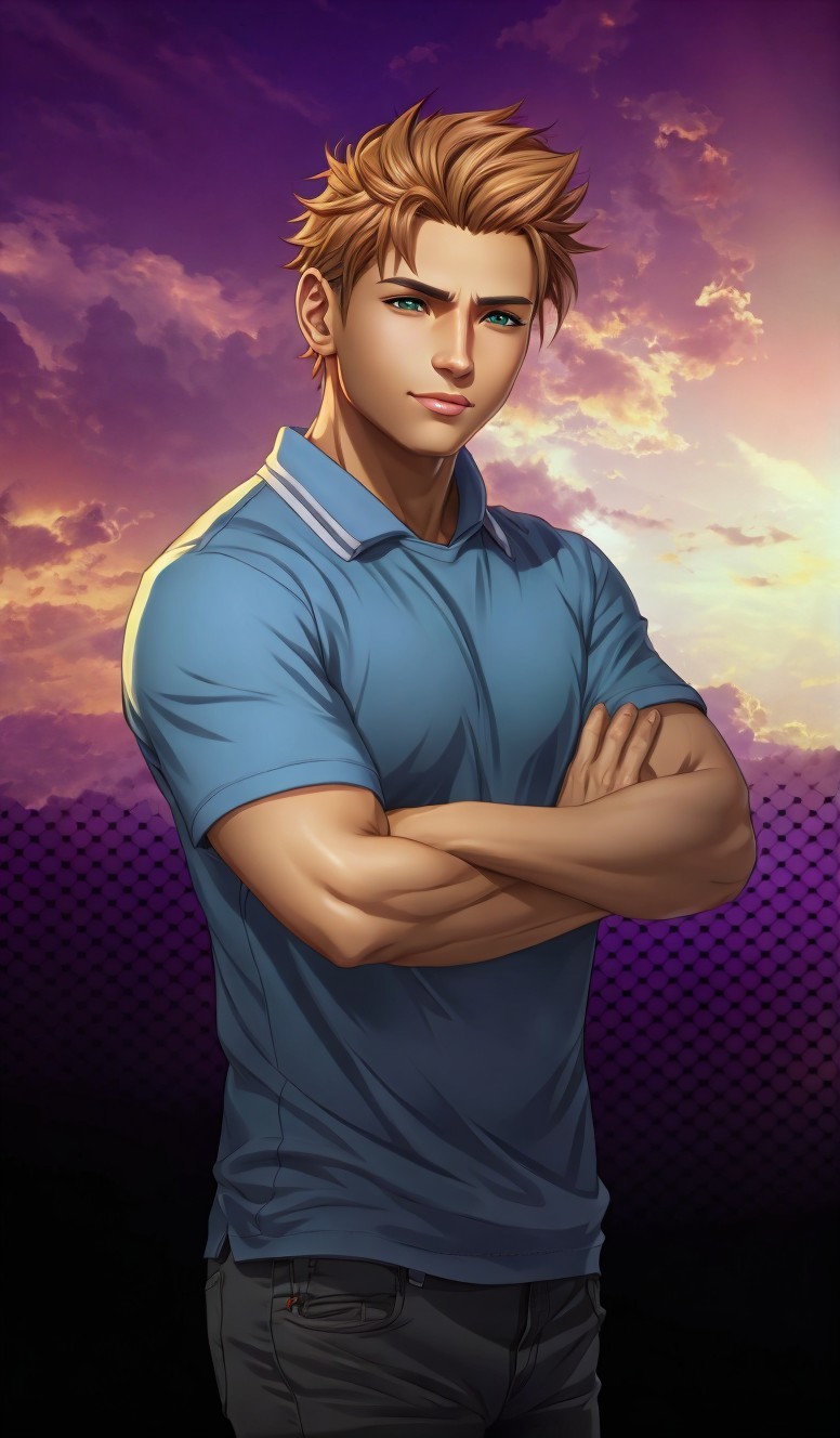 Young man with tousled hair in sunset backdrop