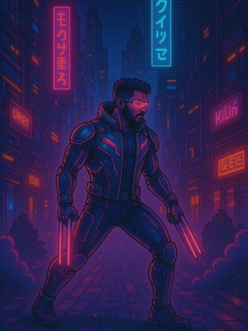 Cyborg in Neon Alley with Energy Blades