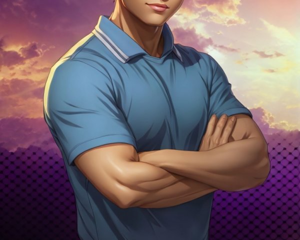 Young man with tousled hair in sunset backdrop