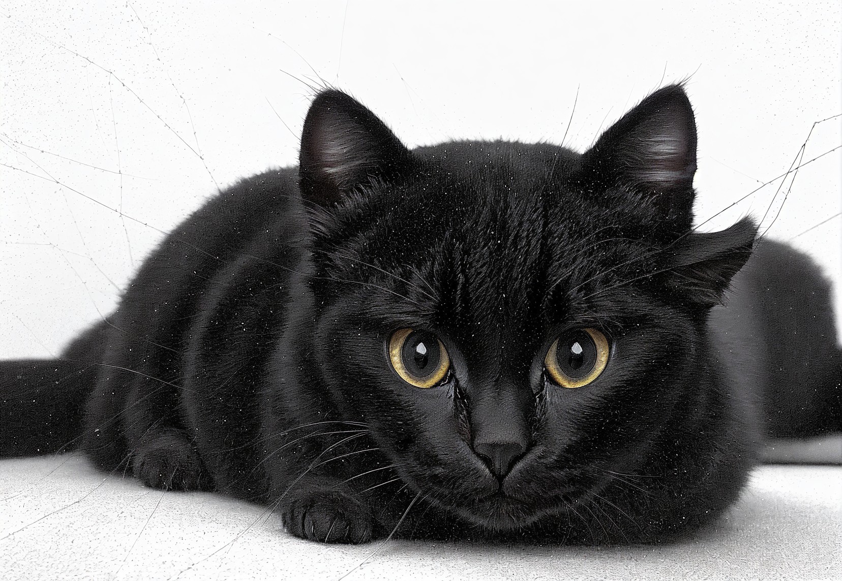 Cute Black Cat with Golden Eyes on White Background