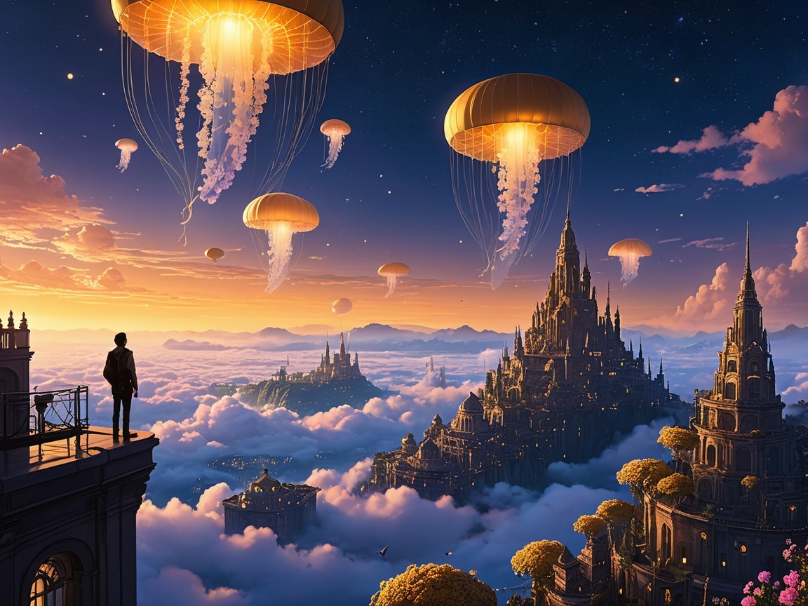 Fantastical cityscape with ethereal creatures at sunset