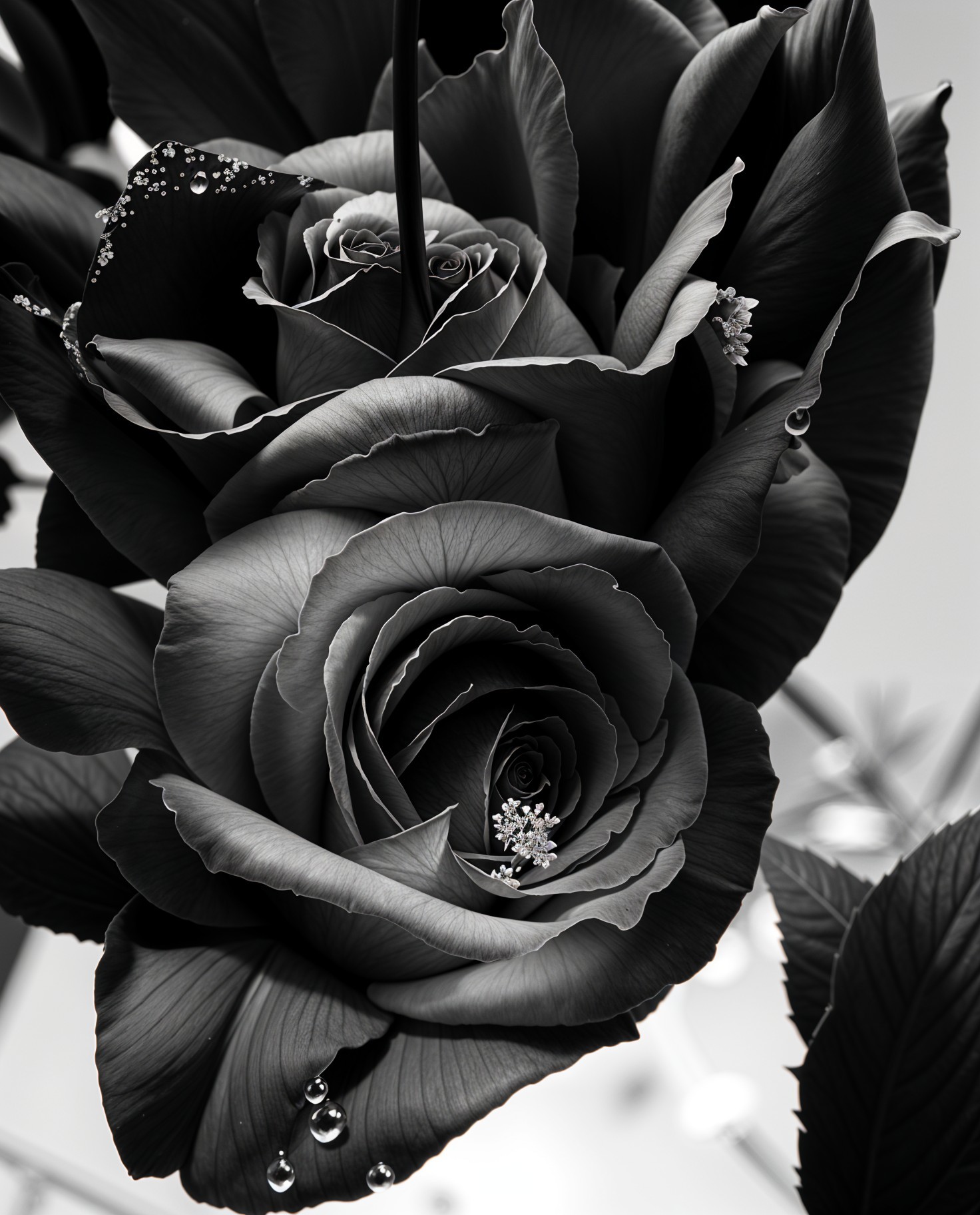 Close-Up of Black and White Roses with Water Droplets