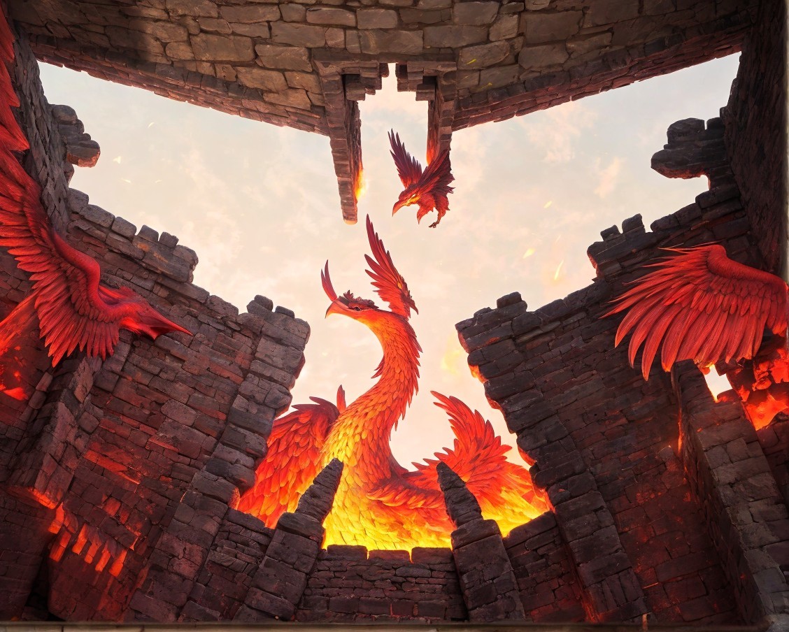 Phoenix Rising from Flames Amidst Crumbling Walls