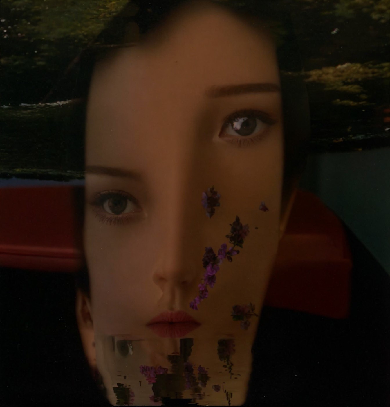Serene Face Reflection in Water with Floral Elements