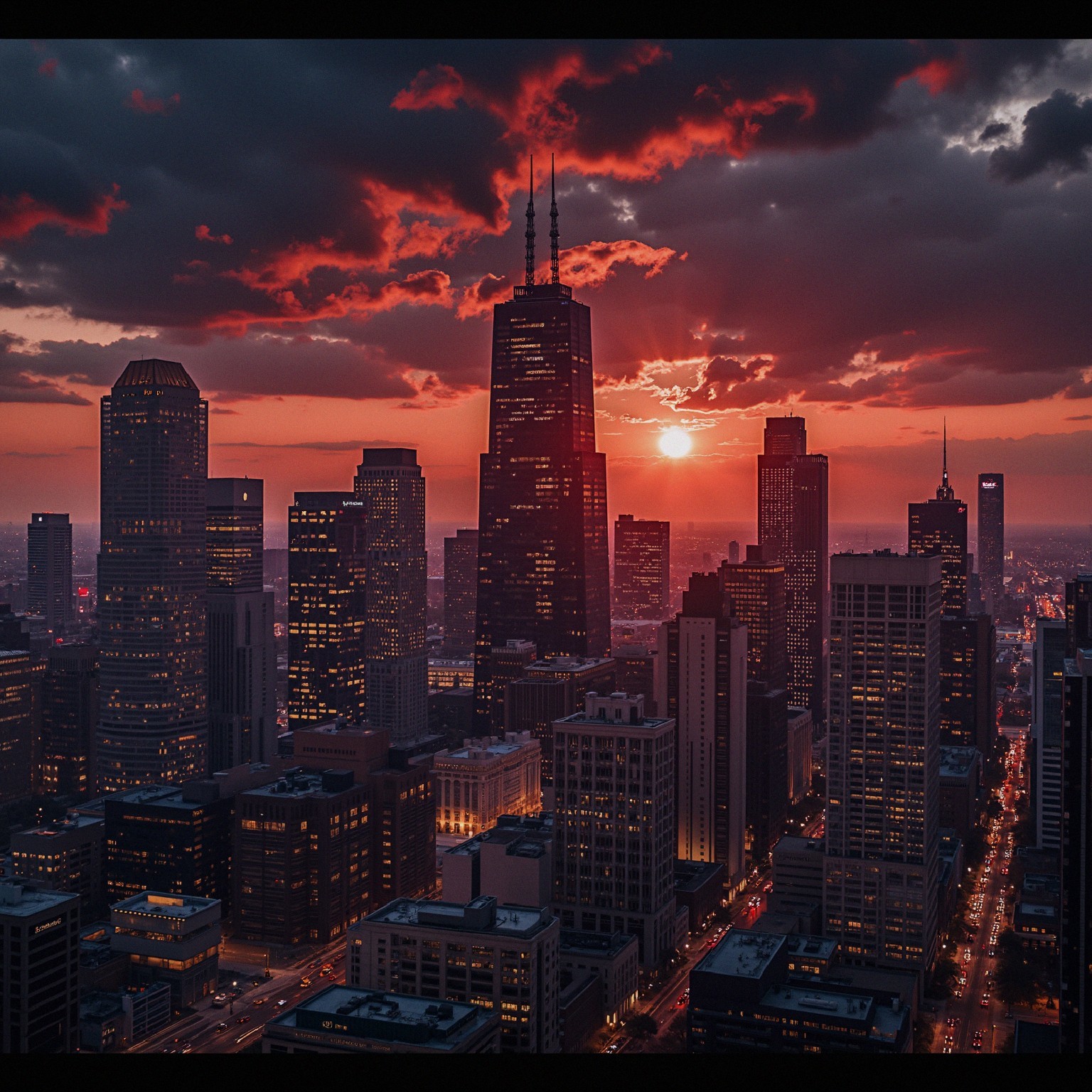 City Skyline at Sunset with Vibrant Colors and Lights