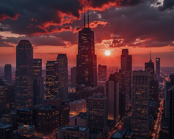 City Skyline at Sunset with Vibrant Colors and Lights