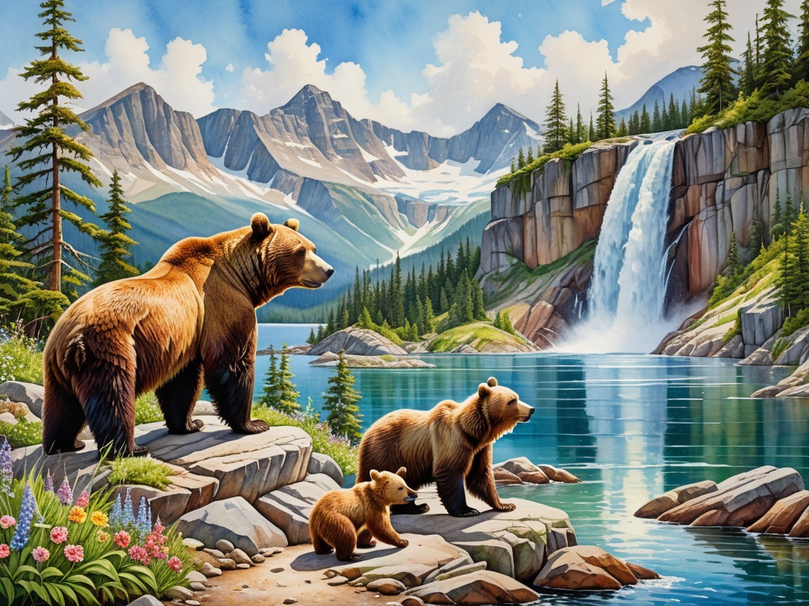 Bears by a Tranquil Lake in a Mountain Landscape