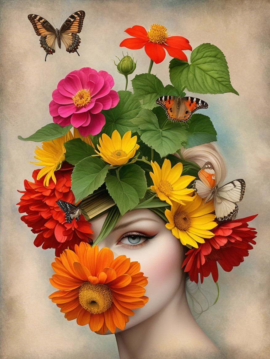 Whimsical Portrait of a Woman with Floral Hair