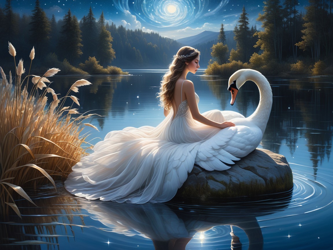 Tranquil Lake Scene with Woman and Swan at Night