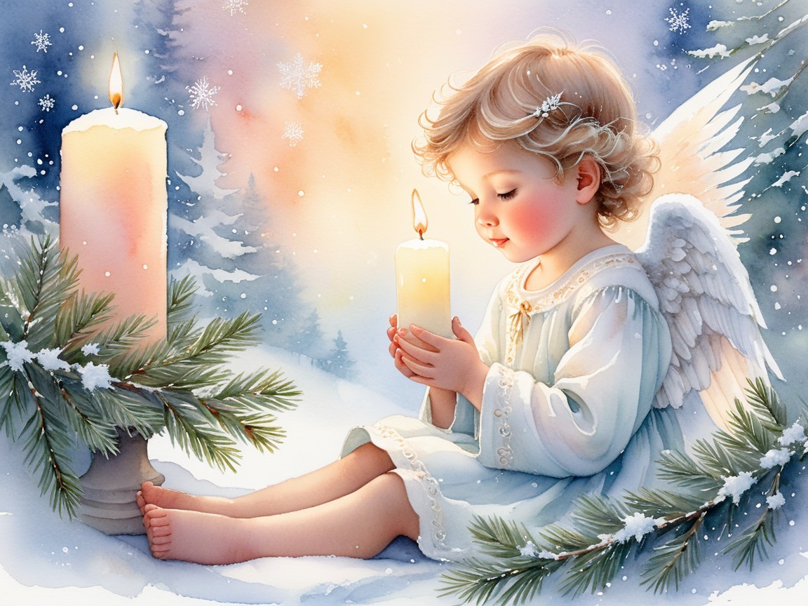 Cherubic Child in Snowy Landscape with Candles