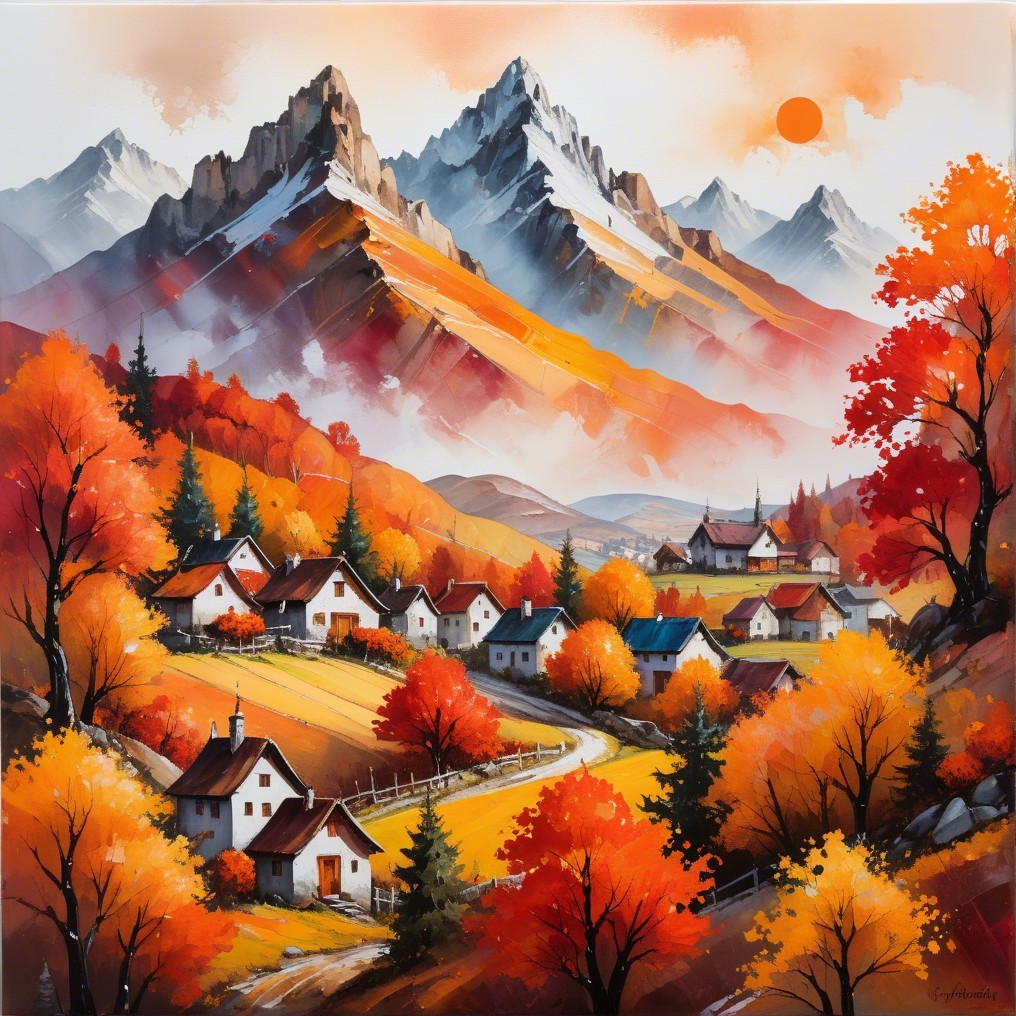 Vibrant Autumn Landscape with Cottages and Mountains
