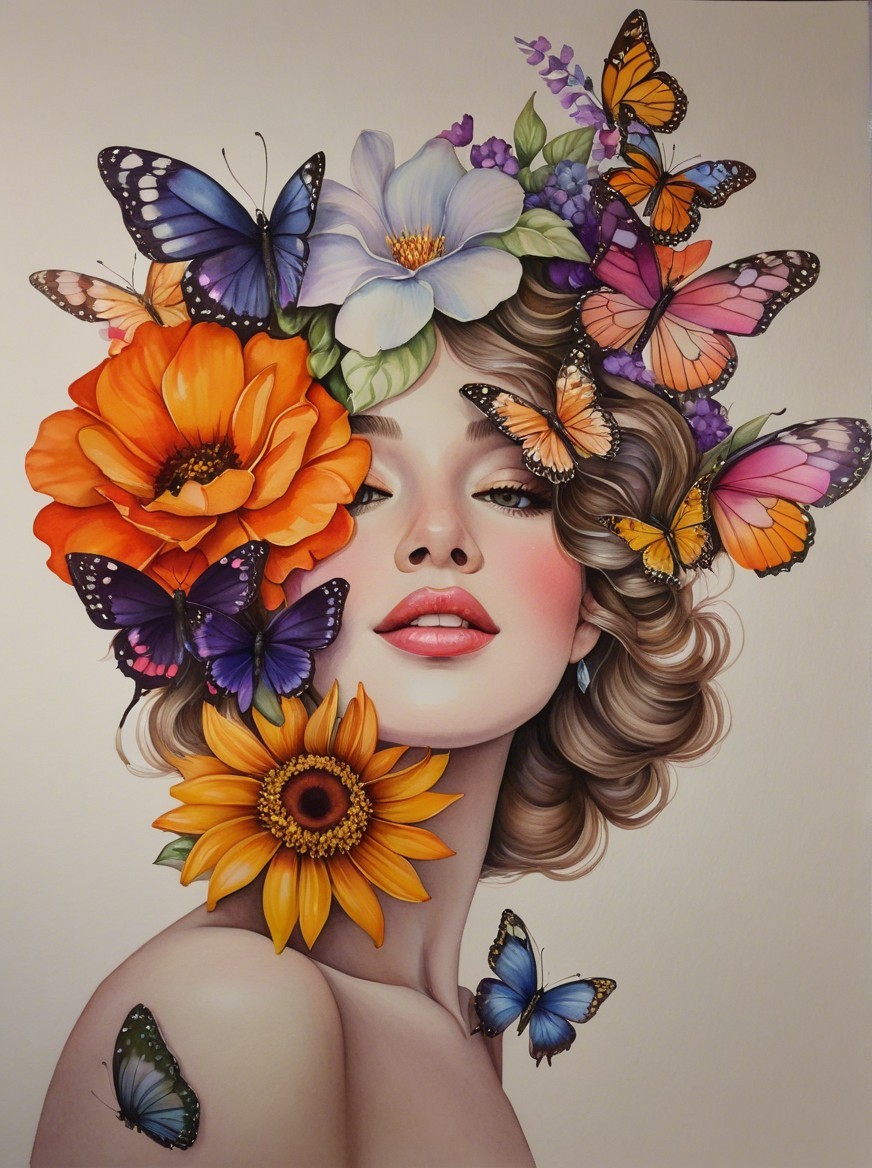 Woman with Floral Crown and Colorful Butterflies