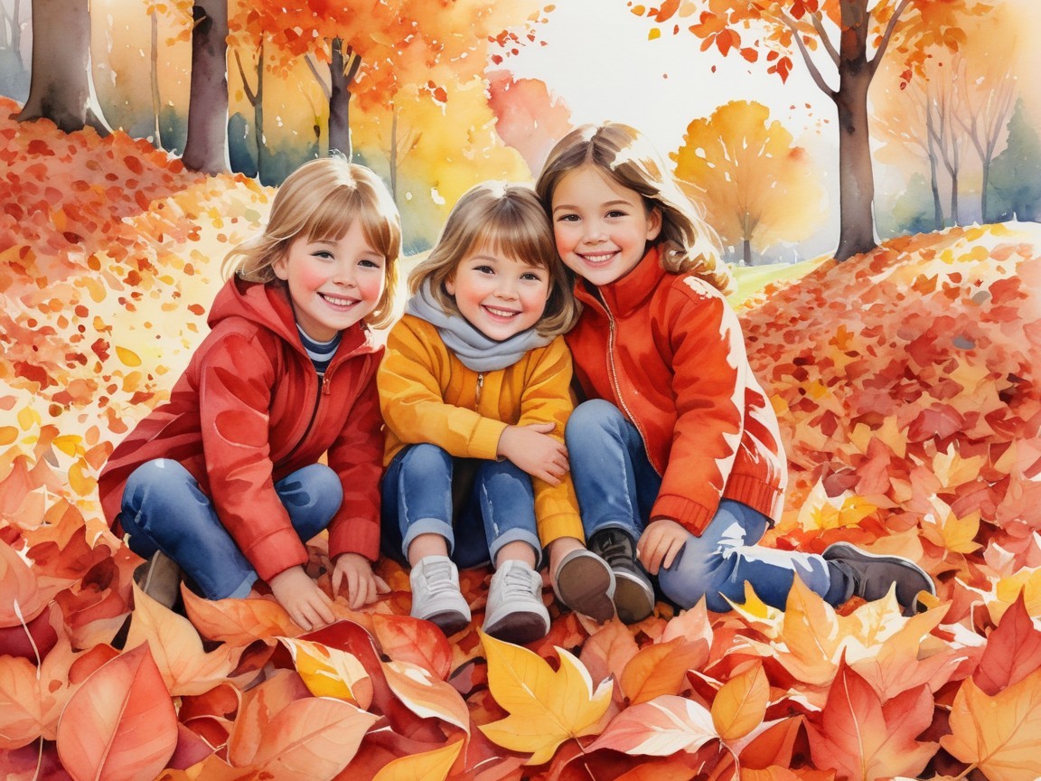 Children in jackets on autumn leaves with sunlight