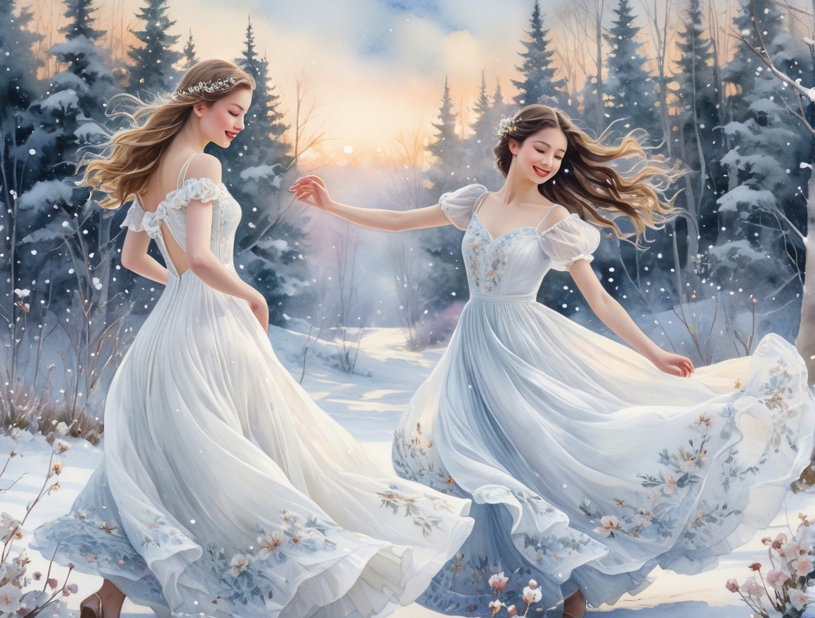 Elegant Women Twirling in a Serene Winter Landscape