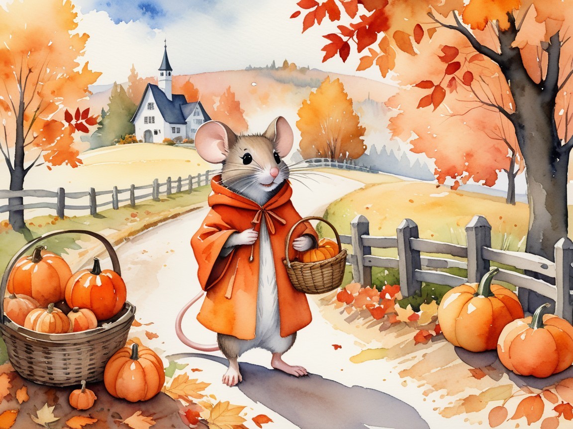 Mouse in Orange Cloak on Autumn Country Road