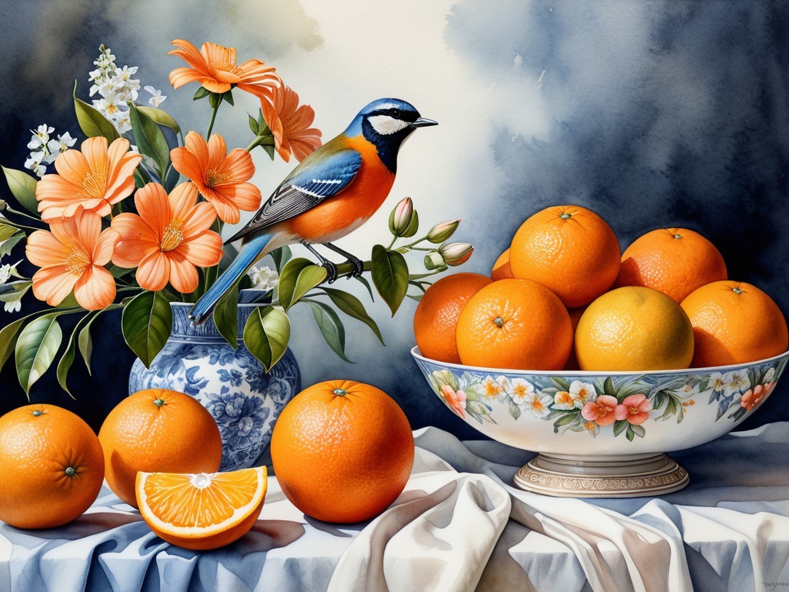Vibrant Still Life with Oranges and Floral Arrangement