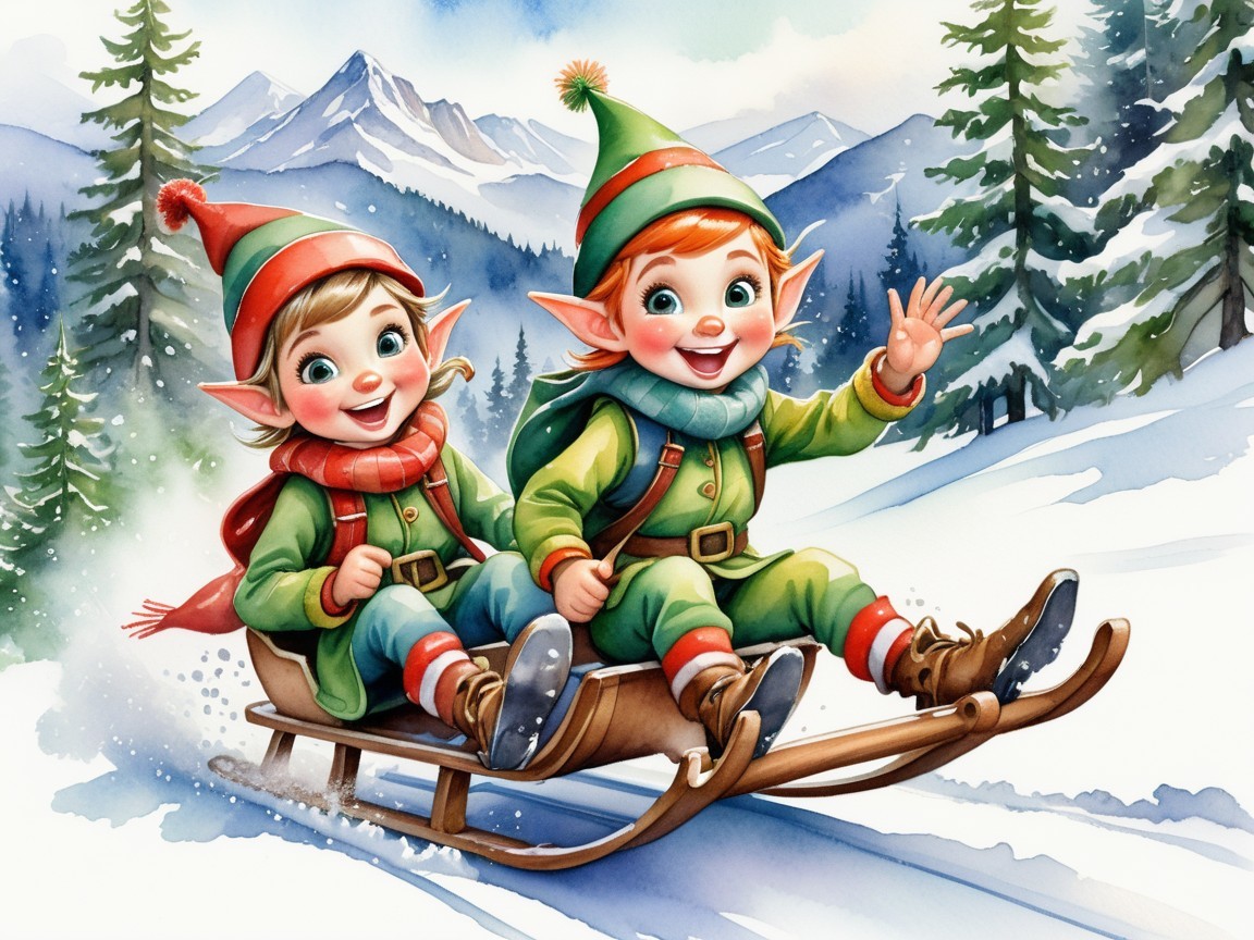Joyful Christmas Elf Children Riding Sled in Snowy Landscape