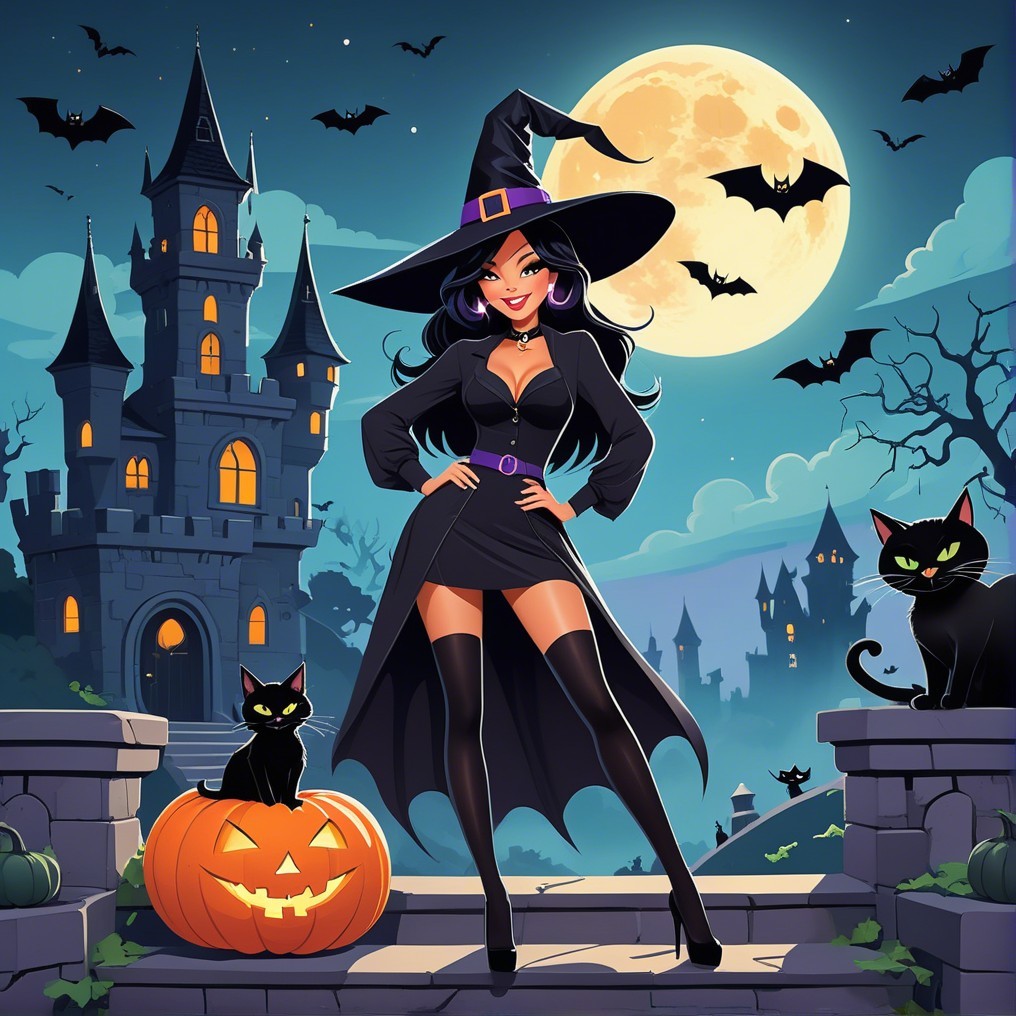 Witch in Black Dress at Spooky Castle Under Moonlight
