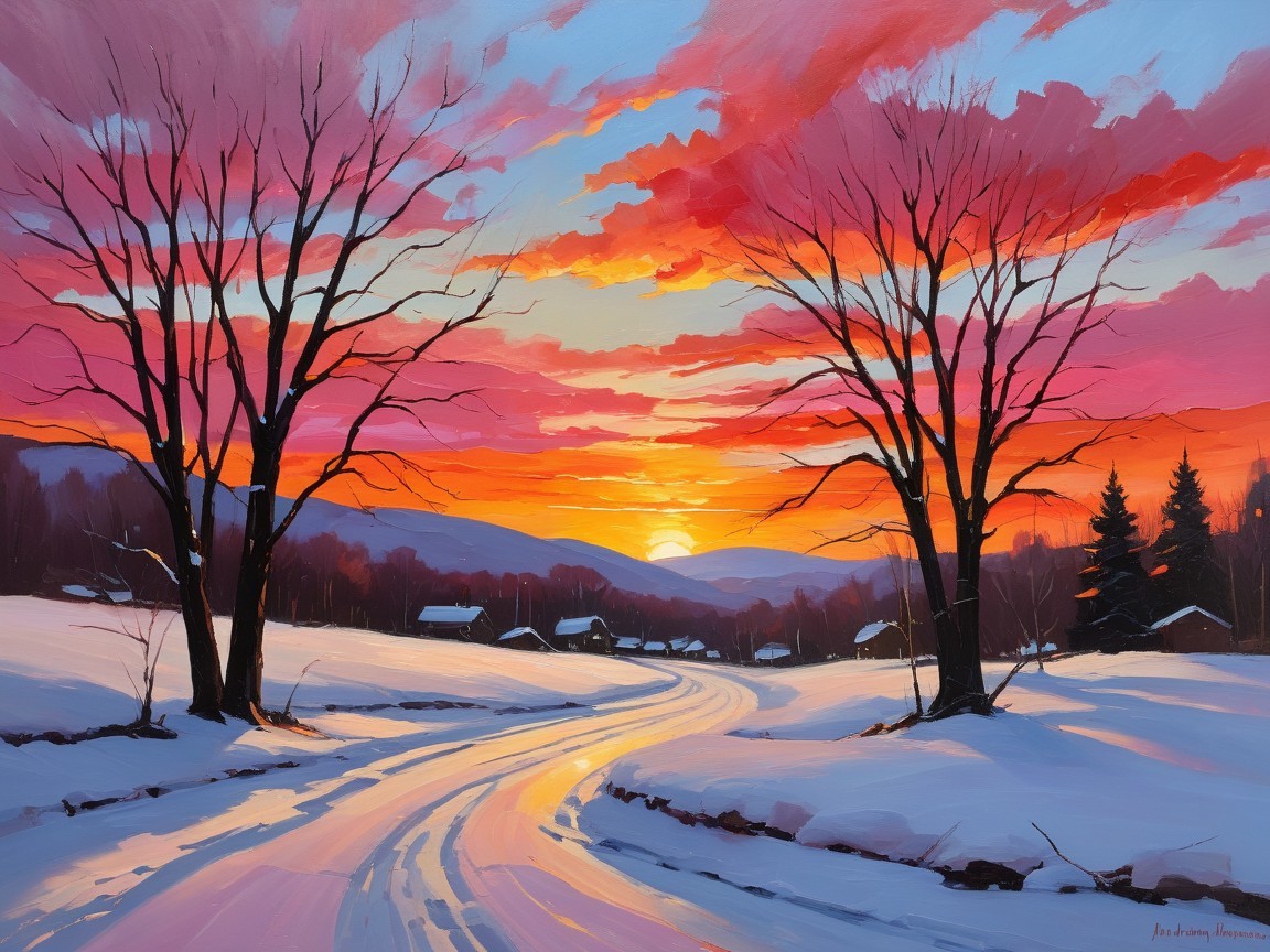 Vibrant Sunset Over Snowy Landscape with Village