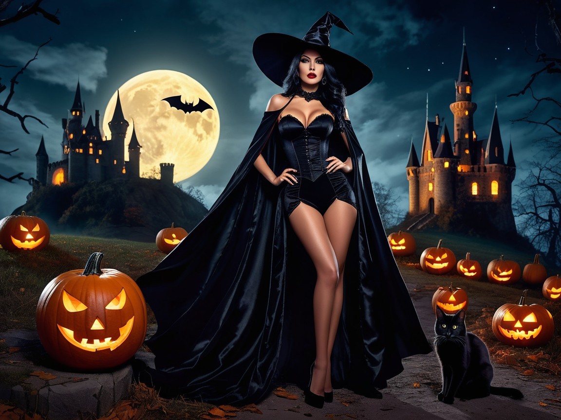 Witch in Dark Landscape with Haunted Castle and Cat