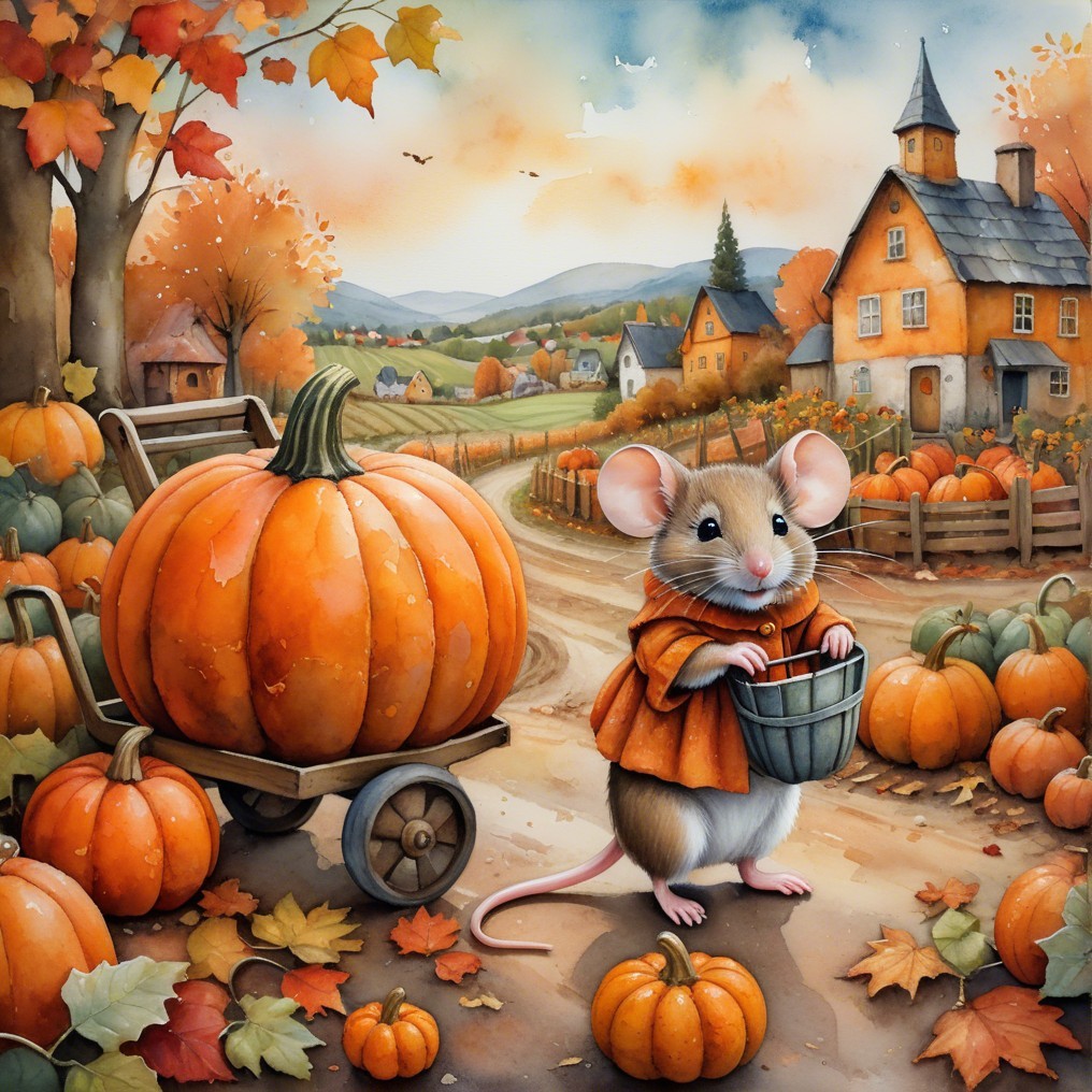 Cheerful Mouse in Autumn Scene with Pumpkins
