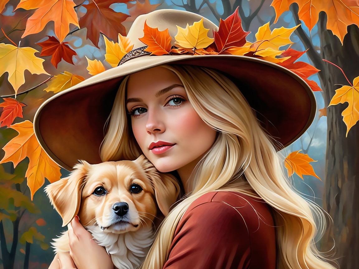Young Woman with Dog Surrounded by Autumn Leaves