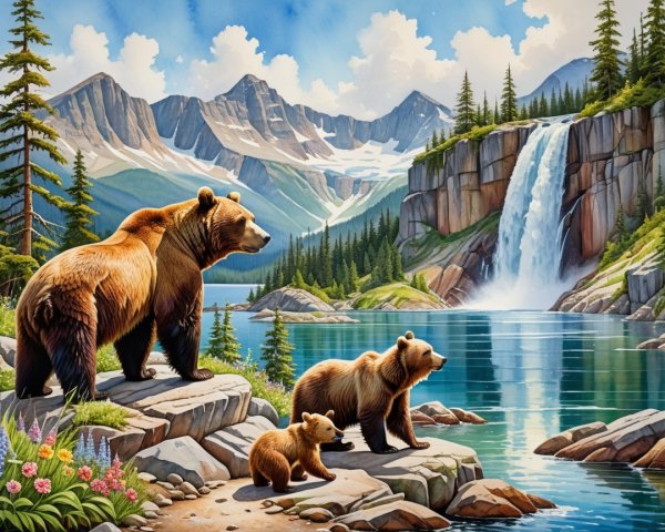 Bears by a Tranquil Lake in a Mountain Landscape