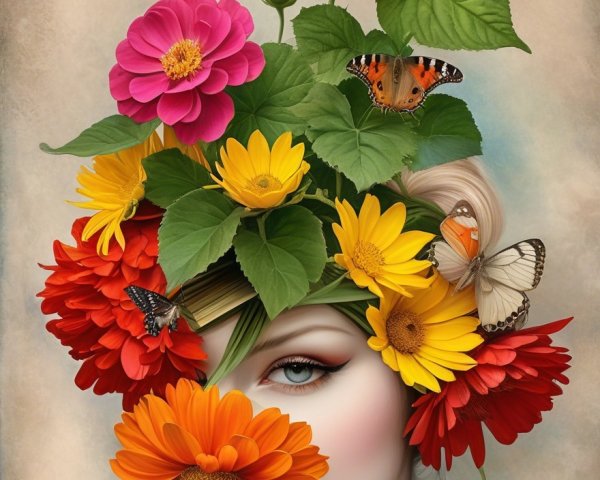 Whimsical Portrait of a Woman with Floral Hair