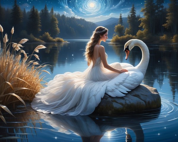 Tranquil Lake Scene with Woman and Swan at Night