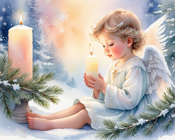 Cherubic Child in Snowy Landscape with Candles