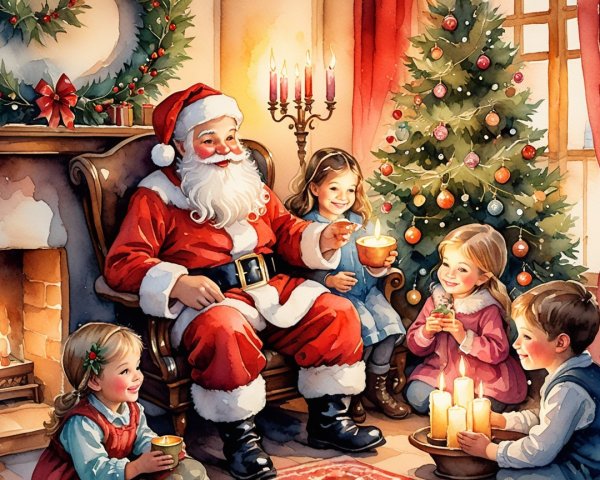 Santa Claus with children in a festive Christmas setting