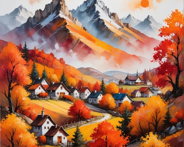 Vibrant Autumn Landscape with Cottages and Mountains